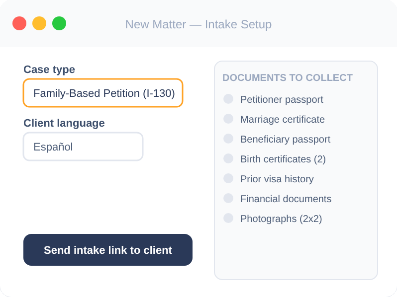 Attorney setup screen — choose case type and language